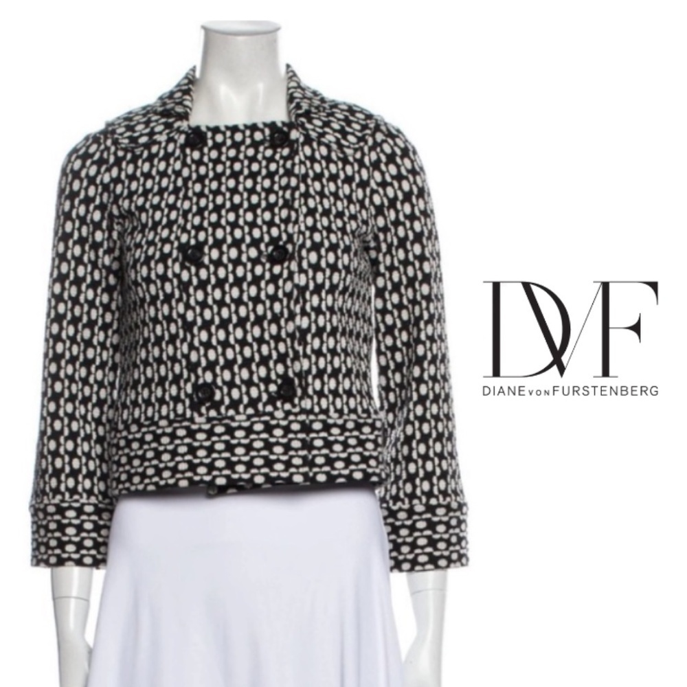 Diane Von Furstenberg Esperanza Blazer Dvf Black White Polka-Dot Cropped- Size 2